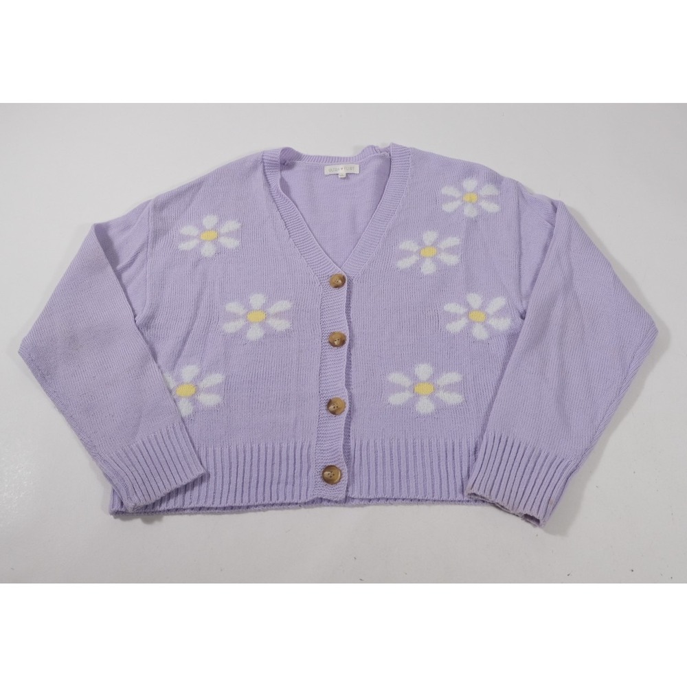 Ultra Flirt Cardigan Womens L Purple Daisy Floral RS626273 V-Neck Button Front